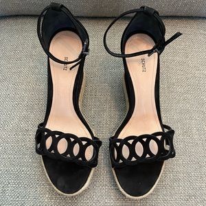 Schutz Women's Keira Espadrille Wedge Sandal ankle strap Black Suede size 8.5